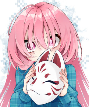 Rule 34 | 1girl, absurdres, commentary request, fox mask, hata no kokoro, highres, holding, holding mask, long hair, long sleeves, mask, pink eyes, pink hair, solo, touhou, upper body, white background, yami nabe