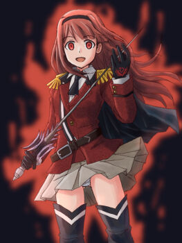 1girl aura black_gloves black_hairband black_thighhighs cowboy_shot empty_eyes epaulettes floating_hair gloves gluteal_fold grey_skirt hairband holding holding_sword holding_weapon idol_heroes_(idolmaster) idolmaster idolmaster_million_live! jacket lielos long_hair looking_at_viewer open_mouth panties pleated_skirt print_gloves red_aura red_eyes red_hair red_jacket skirt solo standing sword tanaka_kotoha thighhighs underwear weapon white_panties