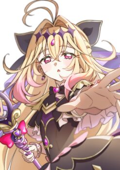 Rule 34 | 1girl, absurdres, antenna hair, black bow, black capelet, black dress, blonde hair, blush, bow, brooch, capelet, chestnut mouth, cure arcana shadow, diamond hairband, dot nose, dress, earrings, gem, hair bow, hair intakes, heart, heart brooch, highres, holding, holding staff, jewelry, long hair, looking at viewer, magical girl, meitantei precure!, moria luluka, multicolored hair, natsuki iori, outstretched hand, pink hair, precure, purple eyes, purple gem, purple veil, reaching, reaching towards viewer, simple background, solo, staff, tear arcana rod, two-tone hair, upper body, veil, white background