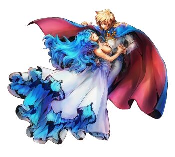 1boy 1girl alternate_costume amyucheu blue_cape blue_hair breasts brown_hair cape chung_seiker cleavage closed_eyes commentary_request dancing dress elsword floating_hair formal_clothes hand_on_another&#039;s_back holding_hands iron_paladin_(elsword) long_hair long_sleeves looking_at_another medium_breasts multicolored_hair pants red_cape sasha_(elsword) strapless strapless_dress streaked_hair transparent_background two-tone_cape wavy_hair white_pants