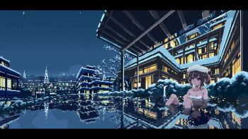 1girl akayu_pixel animated architecture east_asian_architecture night onsen original outdoors partially_submerged pixel_art reflection reflective_liquid snowing tagme transmission_tower video water