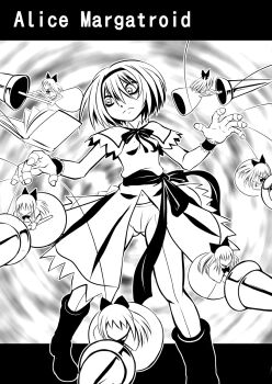 1girl alice_margatroid ayana_mizuki bags_under_eyes boots bow bowtie breasts character_name closed_mouth commentary_request doll dress frown full_body greyscale hair_between_eyes hairband highres looking_afar monochrome panties sash shanghai_doll short_hair small_breasts solo string touhou underwear wrist_cuffs