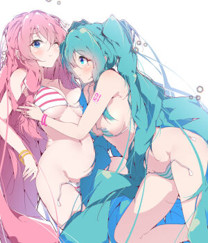 2girls aqua_hair bikini blue_eyes blush breast_press breasts female_focus halkawa501 hatsune_miku highres long_hair megurine_luka multiple_girls nipple_slip nipples number_tattoo one_eye_closed pink_hair sideboob string striped_bikini striped_clothes swimsuit tattoo twintails untied_bikini untied_bikini_bottom untied_bikini_top vocaloid wardrobe_malfunction white_background white_bikini yuri