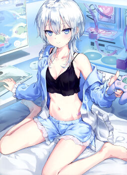 1girl absurdres armpit_crease bandaid_on_stomach bare_legs barefoot black_camisole blue_eyes blue_jacket blue_nails blue_shorts breasts camisole cleavage closed_mouth collarbone computer computer_keyboard computer_mouse controller crop_top dengeki_moeoh fingernails frilled_jacket frilled_shorts frills full_body game_controller groin hair_between_eyes hair_over_shoulder highres holding holding_controller holding_game_controller indoors jacket joystick light_blush long_fingernails looking_at_viewer magazine_scan medium_hair midriff monitor nail_polish navel original parufeito scan shorts sitting small_breasts smile solo stomach third-party_source wariza white_hair
