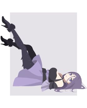 1girl bare_shoulders black_pantyhose black_shoes breasts cleavage drag-on_dragoon drag-on_dragoon_3 dress female_focus forehead_tattoo full_body halter_dress halterneck high_heels highres long_hair looking_at_viewer lying medium_breasts no_lineart number_tattoo on_back open_mouth pantyhose purple_eyes purple_hair roman_numeral shoes solo tattoo three_(drag-on_dragoon) toufu_(toufu_53)