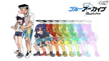 1boy 2girls afterimage asahina_yoshitoshi baton black_hair blue_archive blue_hair blunt_bangs buruma cyberpunk_(series) cyberpunk:_edgerunners grabbing_another's_breast groping gym_uniform hair_over_eyes halo highres japanese_text justice_task_force_member_(blue_archive) molestation multiple_girls ponytail sandevistan sensei_(blue_archive) white_background yuuka_(blue_archive) yuuka_(track)_(blue_archive)