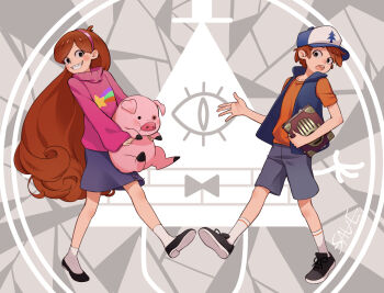 1girl baseball_cap bill_cipher book braces brother_and_sister brown_hair dipper_pines gravity_falls hairband hat long_hair long_sleeves mabel_pines open_mouth pig save_(naita_aooni) shirt shoes siblings skirt smile socks sweater turtleneck twins two-tone_hat waddles