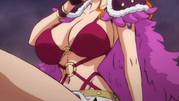 1girl alternate_costume animated animated_gif anime_screenshot beast_pirates_uniform bikini bracelet breasts brown_eyes cape fur-trimmed_cape fur_cape fur_trim gloves hand_on_own_cheek hand_on_own_face huge_breasts jewelry long_hair nami_(one_piece) nami_(one_piece)_(onigashima) navel o-ring o-ring_bikini o-ring_top official_alternate_costume one_piece orange_hair shoulder_pads shoulder_tattoo swimsuit tattoo