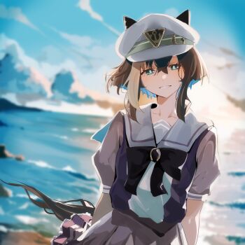 1girl absurdres animal_ears black_bow black_bowtie blue_eyes bow bowtie brown_hair cheval_grand_(umamusume) cloud cloudy_sky ears_under_headwear hair_between_eyes hat highres horse_ears horse_girl looking_at_viewer mole mole_under_eye ocean outdoors peaked_cap sailor_collar school_uniform short_hair short_hair_with_long_locks short_sleeves sidelocks skirt sky smile solo tracen_school_uniform umamusume white_hat white_sailor_collar white_skirt white_streaks yoojp
