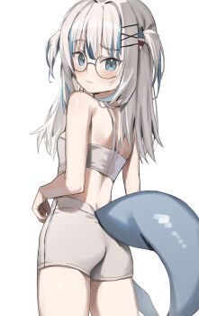 Rule 34 | 1girl, absurdres, alternate costume, ass, blue eyes, blue hair, blush, boxers, bra, breasts, fins, fish tail, from behind, gawr gura, glasses, grey bra, grey panties, hair intakes, hair ornament, highres, hololive, hololive english, long hair, looking at viewer, looking back, male underwear, multicolored hair, panties, scarlet (wv0102), shark tail, short twintails, simple background, small breasts, solo, streaked hair, tail, twintails, two side up, underwear, virtual youtuber, white background, white hair, x hair ornament
