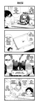 1girl 4koma agohige_x between_breasts blush bottle breast_focus breasts camilla_(fire_emblem) cleavage comic dragon_boy fire_emblem fire_emblem_fates hair_over_one_eye hugging_object large_breasts leaning_on_table leo_(fire_emblem_fates) male_corrin_(fire_emblem) milk milk_bottle monochrome nervous_sweating nintendo one_eye_covered pillow pillow_hug pointy_ears silas_(fire_emblem) speech_bubble strap_between_breasts sweat takumi_(fire_emblem) tiara