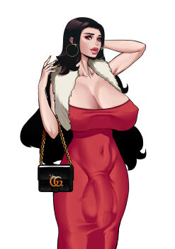 1boy 1girl absurdres bag black_bag breasts brown_hair cleavage covered_navel covered_penis covered_testicles dress earrings handbag highres hoop_earrings jewelry large_breasts long_hair looking_at_viewer original otto_cubze red_dress red_eyes scarlett_(otto_cubze) simple_background solo white_background