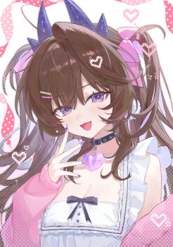 1girl absurdres ahoge black_bow black_collar blue_horns blush bon_(bony_53) bow breasts brown_hair cleavage collar commentary_request dress fangs frilled_dress frills hair_between_eyes hair_bow hair_intakes hair_ornament hairclip heart heart-shaped_gem heart_hair_ornament highres horns long_sleeves looking_at_viewer medium_breasts open_mouth original pink_bow portrait purple_eyes purple_nails smile spiked_collar spikes white_background