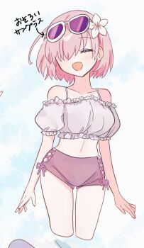 Rule 34 | 1girl, alternate costume, bare shoulders, bow, cowboy shot, criss-cross straps, cropped legs, detached sleeves, eyewear on head, fate/grand order, fate (series), flower, frilled tube top, frills, hair flower, hair ornament, harukappa, highres, light blush, mash kyrielight, open mouth, pink hair, purple shorts, short hair, short sleeves, shorts, smile, solo, strapless, tube top
