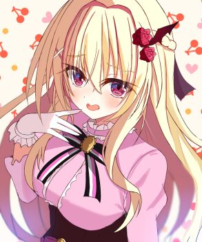 Rule 34 | 1girl, 2024, absurdres, black bow, black bowtie, blonde hair, blurry, blush, bow, bowtie, breasts, commentary request, dated commentary, depth of field, eyes visible through hair, flower, frilled gloves, frilled shirt, frills, furrowed brow, gloves, hair between eyes, hair flower, hair ornament, hand up, highres, large breasts, long hair, long sleeves, looking at viewer, open mouth, pink shirt, red eyes, red flower, sakuratoru, shirt, sidelighting, simple background, solo, striped bow, striped bowtie, striped clothes, suishouseki midari, tamayura mirai, upper body, upturned eyes, very long hair, white gloves, x hair ornament