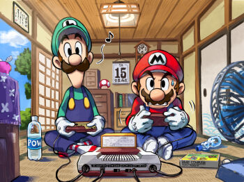 2boys analog_clock black_eyes blue_overalls book bottle brothers brown_hair cabinet cable cackletta_soul calendar_(object) clenched_teeth clock controller drawer electric_fan facial_hair famicom famicom_cartridge famicom_gamepad fusuma game_cartridge game_console game_controller gloves green_shirt grimace hat highres holding holding_controller holding_game_controller indoors luigi male_focus mario mario_&amp;_luigi:_brothership mario_&amp;_luigi_rpg mario_(series) mario_bros. masanori_sato_(style) multiple_boys musical_note mustache nintendo on_floor overalls playing_games ramune red_shirt red_socks shirt short_hair shouji siblings sitting sliding_doors snoutlet_(mario) socks spoken_musical_note striped_clothes striped_socks super_mushroom sweatdrop tatami teeth translation_request two-tone_socks v-shaped_eyebrows wall_clock water_bottle white_gloves white_socks yamari_(ya_mari_6363)