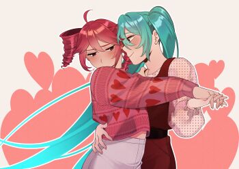 Rule 34 | 2girls, absurdres, ahoge, aqua hair, belt, blue eyes, blush, brown belt, closed mouth, covered mouth, dancing, dress, drill hair, floating hair, flustered, frilled sleeves, frills, grey pants, hand on another's waist, hatsune miku, heart, heart print, high-waist pants, highres, interlocked fingers, kasane teto, kasane teto (utau), long hair, long sleeves, looking at another, looking to the side, midriff peek, multiple girls, pants, pink background, pink sweater, plump, puffy long sleeves, puffy sleeves, red dress, red eyes, red hair, short hair, sidelocks, smile, sunnypoppy, sweater, twin drills, twintails, upper body, utau, valentine, vocaloid, white sleeves, yuri