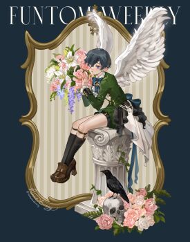 1boy angel_wings bird black_socks blue_eyes bow brown_shoes child ciel_phantomhive crow earrings eyepatch flower formal_clothes frills green_jacket highres holding holding_flower jacket jewelry kuroshitsuji legwear_garter male_focus ouji_fashion picture_frame pillar shirt shoes shorts skull socks suit thehanniebunny victorian white_shirt wings
