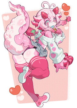 1girl :3 antenna_hair ass ass_focus bag bare_shoulders bell black_bra black_panties blue_eyes blue_tongue borrowed_character box bra braid braided_sidelocks choker colored_inner_hair colored_skin colored_tongue commission cropped_sweater double-parted_bangs finger_to_own_chin flipped_hair food food-themed_bag food-themed_hair_ornament food-themed_horns fruit full_body gradient_hair grey_skirt hair_flaps hair_ornament hand_up happy heart heart-shaped_box heart-shaped_eyebrows heart-shaped_pupils high-waist_panties highres holding holding_box horns jingle_bell long_hair looking_at_viewer looking_back miniskirt monster_girl multicolored_eyes multicolored_hair off-shoulder_sweater off_shoulder open_mouth original panties pink_background pink_bag pink_eyes pink_hair pink_horns pink_pupils pink_shoes pink_skin pink_tail pink_thighhighs pleated_skirt red_choker sanjiro_(tenshin_anman) second-party_source shoes shoulder_bag skeb_commission skirt smile solo standing standing_on_one_leg strawberry sweater symbol-shaped_pupils tail_raised tentacle_tail thick_thighs thighhighs thighs two-tone_eyes underwear white_background white_sweater