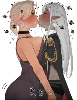 1boy 1girl absurdres aiguillette ass black_dress blonde_hair blue_eyes blush braid breasts carrot_011 closed_eyes commentary cowboy_shot dark-skinned_female dark_elf dark_skin dress elf english_commentary epaulettes french_kiss full-face_blush half_up_braid hetero highres indie_virtual_youtuber kiss large_breasts long_hair medium_hair minko_xiv pointy_ears saliva saliva_trail second-party_source selfcest simple_background virtual_youtuber white_background white_hair