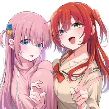 2girls attsun_(atsushi_jb) blue_eyes blush bocchi_the_rock! breast_press breasts brown_sailor_collar brown_serafuku brown_shirt collarbone commentary_request cube_hair_ornament gotoh_hitori green_eyes hair_between_eyes hair_ornament highres jacket kita_ikuyo large_breasts long_hair long_sleeves looking_at_viewer multiple_girls one_side_up open_mouth pink_hair pink_jacket red_hair sailor_collar school_uniform serafuku shirt shuka_high_school_uniform simple_background symmetrical_docking track_jacket upper_body v very_long_hair white_background