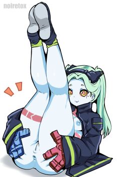 1girl anus artist_name bad_id bad_twitter_id black_jacket breasts cleft_of_venus closed_mouth colored_sclera colored_skin cyberpunk_(series) cyberpunk:_edgerunners female_focus full_body green_hair highres jacket leg_tattoo legs_up long_hair looking_at_viewer lying mechanical_arms naked_jacket nipples noiretox on_back open_clothes open_jacket pussy rebecca_(cyberpunk) red_eyes red_sclera shoes simple_background small_breasts smile solo stomach_tattoo tattoo uncensored white_background white_skin