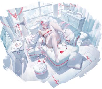 ahoge anal_fluid breasts butt_plug chinese_clothes couch daiblos_core dress drooling hair_ornament high_heels highres large_breasts long_hair noctilucent_(daiblos_core) official_alternate_costume official_art on_couch pink_eyes revealing_clothes sex_toy short_dress thighhighs thong tongue tongue_out very_long_hair white_hair white_thighhighs