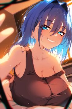 1girl black_hair blue_eyes blue_hair breasts commentary english_commentary hair_intakes highres hololive hololive_english jewelry large_breasts long_hair looking_at_viewer multicolored_hair off-shoulder_shirt off_shoulder ouro_kronii shirt short_hair solo the0neulost virtual_youtuber