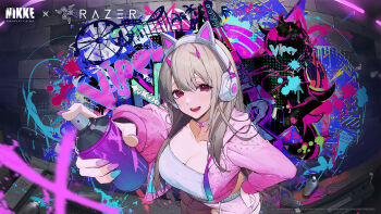 1girl animal_ear_headphones animal_ears breasts brown_hair cat_ear_headphones cat_ears cleavage commentary english_commentary fake_animal_ears goddess_of_victory:_nikke graffiti hand_on_own_hip headphones highres holding holding_spray_can jacket large_breasts long_hair looking_at_viewer official_alternate_costume official_art pink_eyes pink_jacket pink_shorts second-party_source shorts smile solo spray_can standing viper_(nikke) viper_(punky_street)_(nikke)