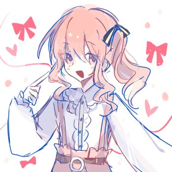 Rule 34 | 1other, :d, absurdres, akiyama mizuki, chinese commentary, collared shirt, commentary request, curly hair, frilled shirt, frills, highres, medium hair, open mouth, other focus, pink eyes, pink hair, pink skirt, pink suspenders, project sekai, shirt, side ponytail, sidelocks, simple background, skirt, smile, solo, white background, white shirt, xianen16437