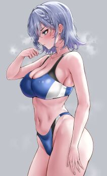 1girl bare_arms bikini blue_eyes blue_sports_bra blush braid breasts cleavage collarbone commentary_request grey_hair highleg highleg_bikini highres lds_(dstwins97) medium_breasts navel oar original short_hair sideboob sidelocks simple_background sports_bikini sports_bra standing steam swimsuit thighs track_and_field