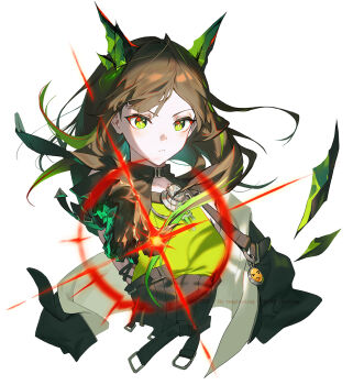 1girl arknights black_hair black_jacket closed_mouth cropped_torso diffraction_spikes emoji floating green_eyes green_hair highres jacket looking_at_viewer magic medium_hair mon3tr_(arknights) rke solo strap watermark