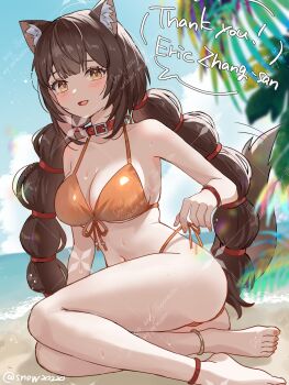 Rule 34 | 1girl, animal collar, animal ears, anklet, bare legs, bare shoulders, barefoot, beach, bikini, blurry, blurry foreground, blush, bracelet, breasts, brown eyes, brown hair, brown tail, cleavage, cloud, collar, commission, day, foot out of frame, jewelry, knees together feet apart, large breasts, leaning to the side, long hair, looking at viewer, low twintails, navel, open mouth, orange bikini, original, outdoors, plant, red collar, side-tie bikini bottom, sitting, skeb commission, sky, smile, snow20200, solo, strap pull, string bikini, swimsuit, tail, tail raised, thank you, toes, twintails, very long hair, wet, wristband