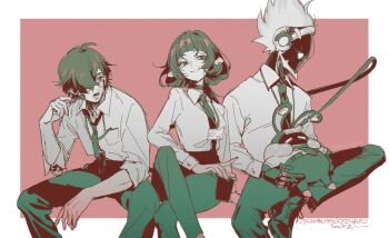 1girl 1other 2boys animal_ears bangboo_(zenless_zone_zero) billy_kid black_hair black_necktie black_shoes border candy chanjaguru choker closed_mouth clothed_robot commentary_request cup cyborg ear_piercing food glasses green_hair green_nails green_pants highres holding holding_candy holding_cup holding_food holding_lollipop humanoid_robot id_card jane_doe_(zenless_zone_zero) lighter_(zenless_zone_zero) lollipop long_hair looking_at_another mechanical_arms mechanical_legs metal_skin mouse_ears mouse_girl mouse_tail multiple_boys nail_polish necktie no_mouth open_mouth overtimeboo_(zenless_zone_zero) pants piercing red_background robot robot_boy sharp_tail shirt shoes short_hair sitting sleeves_rolled_up smile tail white_border white_hair white_shirt zenless_zone_zero