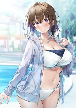 1girl bikini breasts brown_hair cleavage commentary_request cowboy_shot hawawa-chan_(sirokuma_shake) highres hood hooded_jacket jacket large_breasts long_sleeves looking_at_viewer medium_hair navel open_clothes open_jacket original poolside purple_eyes sirokuma_shake solo standing stomach swimsuit thighs variant_set water white_bikini white_jacket
