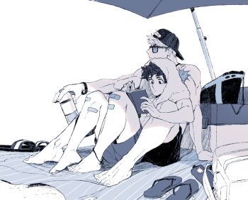 Rule 34 | 2boys, 5mll3, arm support, backwards hat, bag, bakugou katsuki, bandaid, bandaid on leg, barefoot, baseball cap, beach, beach towel, beach umbrella, bespectacled, boku no hero academia, bottle, bracelet, glasses, hat, holding, holding bottle, jewelry, looking down, male focus, male swimwear, midoriya izuku, multiple boys, outdoors, sandals, scar, scar on shoulder, shoes, sitting, sunglasses, swim trunks, toned, toned male, topless male, towel, towel on head, umbrella, unworn shoes, water bottle, yaoi