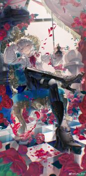 1boy absurdres ascot black_pants block_heels blue_eyes boots center_frills chair checkered_floor chess_piece chessboard commission cowlick curtains day elbow_rest falling_petals figure_four_sitting flower frilled_shirt_collar frilled_sleeves frills fringe_trim full_body grin guozimiao hair_between_eyes hair_over_shoulder hand_in_own_hair hand_on_own_head hands_up high_heel_boots high_heels highres holding holding_chess_piece lace-up_boots long_hair long_sleeves looking_at_viewer low_ponytail male_focus muntins on_chair original pants petals platform_boots ponytail puffy_long_sleeves puffy_sleeves red_ascot red_flower red_rose rose sample_watermark sitting sitting_on_throne sleeves_past_wrists smile smug solo watermark weibo_watermark white_hair window