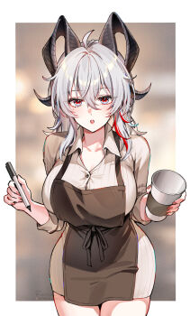 Rule 34 | 1girl, ahoge, alternate breast size (larger), alternate costume, apron, black horns, border, breasts, collarbone, collared dress, commentary, cowboy shot, cup, curled horns, dress, english commentary, fingernails, foxyreine, grey dress, grey eyes, grey hair, hair between eyes, highres, holding, holding cup, holding pen, horns, large breasts, long fingernails, long hair, looking at viewer, mole, mole under eye, multicolored eyes, multicolored hair, nail polish, open mouth, pen, red eyes, red nails, signature, solo, streaked hair, thighs, two-tone eyes, white border, wuthering waves, zani (wuthering waves)