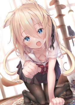 Rule 34 | 1girl, :d, absurdres, all fours, animal ears, arm support, black pantyhose, black ribbon, black skirt, blonde hair, blue eyes, bow, bowtie, breasts, breasts apart, cat, cat ears, cat girl, cat tail, cat tower, downblouse, extended downblouse, feet, full body, hair between eyes, hair ribbon, hammock, highres, indoors, knees together feet apart, long hair, looking at viewer, no bra, no shoes, one side up, open mouth, original, outstretched arm, pantyhose, paw pose, perspective, pleated skirt, red bow, red bowtie, ribbon, sailor collar, school uniform, serafuku, shirt, skirt, small breasts, smile, solo, tail, ukiwakisen, white sailor collar, white serafuku, white shirt, yellow tail