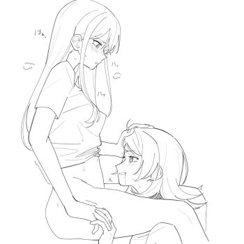 2girls after_cunnilingus bad_source bang_dream! bang_dream!_it's_mygo!!!!! between_legs blush bottomless commentary_request greyscale hand_on_another's_head highres holding_hands indoors monochrome multiple_girls nanami_(nunnun_0410) open_mouth shiina_taki shirt short_sleeves sidelocks simple_background white_background yahata_umiri yuri