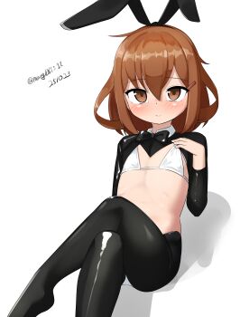 1girl absurdres animal_ear_hairband animal_ears bikini black_bow black_bowtie black_hiphighs black_shrug bow bowtie brown_eyes brown_hair dated detached_collar fake_animal_ears flat_chest hairband highres hiphighs ikazuchi_(kancolle) kantai_collection maru_(marg0613) one-hour_drawing_challenge rabbit_ears reverse_bunnysuit reverse_outfit short_hair shrug_(clothing) simple_background solo swimsuit twitter_username white_background white_bikini wrist_cuffs