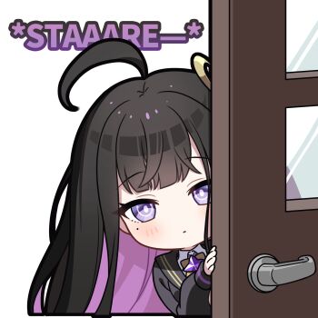 1girl ahoge black_hair black_sailor_collar black_shirt blush chitose_(stella_sora) closed_mouth collared_shirt colored_inner_hair commentary door dress_shirt english_commentary english_text highres looking_at_viewer mole mole_under_eye multicolored_hair official_art one_side_up peeking_out purple_eyes purple_hair sailor_collar school_uniform serafuku shirt simple_background solo stella_sora transparent_background white_shirt