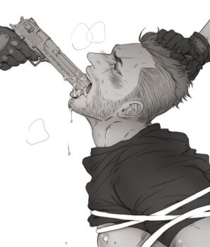 3boys abs blush call_of_duty drooling gun soap_(modern_warfare_2) male_focus multiple_boys muscular pectorals restrained saliva sweat undressing weapon yaoi