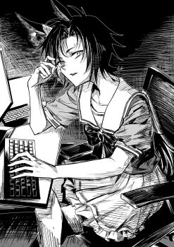 Rule 34 | 1girl, air shakur (umamusume), animal ears, bow, bowtie, chair, collarbone, commentary request, computer keyboard, crossed legs, greyscale, highres, horse ears, horse girl, karate (karatedazey), long hair, looking at viewer, monitor, monochrome, on chair, parted lips, pleated skirt, sailor collar, school uniform, sharp teeth, shirt, short sleeves, sitting, skirt, solo, summer uniform, teeth, tracen school uniform, umamusume, upper body