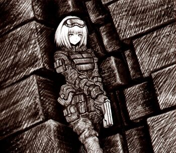 11e10 1girl ammunition_pouch body_armor brown_theme closed_mouth feet_out_of_frame gloves goggles goggles_on_head gun handgun hatching_(texture) high_contrast highres holding holding_gun holding_weapon looking_at_viewer medium_hair monochrome original pouch science_fiction solo standing stone_wall weapon