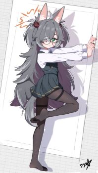 1girl absurdres animal_ears bags_under_eyes black_nails black_pantyhose blue_archive boppin brown_halo closed_mouth commentary cosplay dress english_commentary glasses green_eyes grey_dress grey_hair hair_over_one_eye halo highres kanoe_(blue_archive) kanoe_(blue_archive)_(cosplay) long_hair long_sleeves looking_at_viewer multicolored_hair nail_polish no_shoes original pantyhose pinafore_dress puffy_long_sleeves puffy_sleeves round_eyewear shirt short_dress signature sleeveless sleeveless_dress soles solo standing standing_on_one_leg streaked_hair tail thighband_pantyhose toes two_side_up very_long_hair white_shirt wolf_ears wolf_girl wolf_tail