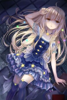 Rule 34 | 1girl, :o, ahoge, bare arms, blonde hair, bow, braid, breasts, brown eyes, buttons, chinese commentary, choker, coattails, collarbone, commentary, commentary request, di tao, dot nose, dress, dress bow, english commentary, feet out of frame, frilled dress, frilled sleeves, frills, hair between eyes, hand on own head, highres, jitome, lace, lace-trimmed dress, lace trim, light blush, light particles, long hair, long sidelocks, looking at viewer, lying, miracle nikki, mixed-language commentary, nikki (series), off-shoulder dress, off shoulder, on back, open mouth, over-kneehighs, puffy short sleeves, puffy sleeves, purple bow, purple choker, purple dress, purple socks, see-through clothes, see-through sleeves, short dress, short sleeves, side braids, sidelocks, socks, solo, star (symbol), star button, star choker, starlet (miracle nikki), striped bow, striped clothes, striped socks, tailcoat, thighhighs, tile floor, tiles, twin braids, vertical-striped clothes, vertical-striped socks, very long hair