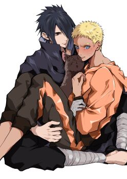 Rule 34 | 2boys, absurdres, bandaged hand, bandaged leg, bandages, black cape, black jacket, black pants, blonde hair, blue eyes, blush, cape, dal chan, facial mark, furrowed brow, hair over one eye, highres, hood, hood down, hoodie, jacket, male focus, multiple boys, naruto (series), orange hoodie, pants, red eyes, short hair, sitting, sitting on lap, sitting on person, striped clothes, striped pants, sweatdrop, uchiha sasuke, uzumaki naruto, whisker markings, white background, yaoi, yellow eyes