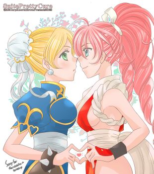 absurdres akiman_pose bare_shoulders blonde_hair blue_eyes bracelet brown_pantyhose bun_cover capcom china_dress chinese_clothes chun-li chun-li_(cosplay) commission cosplay crossover cure_melody cure_rhythm dress earrings fatal_fury green_eyes hair_bun highres hirota_kaoru houjou_hibiki japanese_clothes jewelry koshimizu_ami minamino_kanade ninja orikasa_fumiko pantyhose pelvic_curtain pink_hair precure revealing_clothes shiranui_mai shiranui_mai_(cosplay) skeb_commission spiked_bracelet spikes street_fighter suite_precure the_king_of_fighters twintails voice_actor_connection yuri