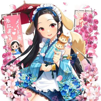 Rule 34 | 1girl, :d, alternate costume, animal, animal ears, animal on shoulder, apron, bamboo, bare shoulders, black hair, blue dress, blue kimono, blue skirt, blush, bow, branch, breasts, broom, brown eyes, brown hair, cat, cherry blossoms, chinese zodiac, clarice lapis, clothed animal, cowboy shot, dango, detached sleeves, dog, dog ears, dress, egasumi, floral print, flower, food, forehead, frilled apron, frilled hairband, frilled skirt, frills, hair bow, hair ornament, hairband, headdress, holding, holding umbrella, japanese clothes, kimono, lace, lolita fashion, long hair, long sleeves, looking at viewer, maid, maid apron, maid headdress, miniskirt, non-web source, oil-paper umbrella, open mouth, parasol, parted bangs, petals, pink eyes, pink flower, pink rose, pleated skirt, ponytail, print kimono, rabbit, red eyes, red flower, red umbrella, ribbon trim, rose, salt (salty), sanshoku dango, short kimono, sidelocks, skirt, sleeveless, sleeveless kimono, smile, solo, standing, tail, teeth, thighhighs, tree, uchi no hime-sama ga ichiban kawaii, umbrella, upper teeth only, very long hair, wa lolita, wa maid, wagashi, waist apron, white apron, white background, wide sleeves, yagasuri, year of the dog